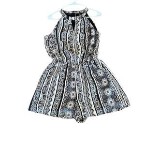 As U Wish Black and Tan Paisley Print Keyhole High Neck Romper size Large